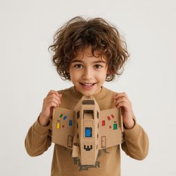 Exquisite high-fashion photography captures a vibrant boy with curly brown hair and bright eyes, meticulously constructing an