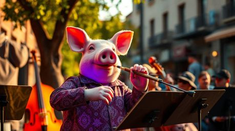 A captivating street photography style image depicts a pig character passionately conducting an orchestra, brought to life wi