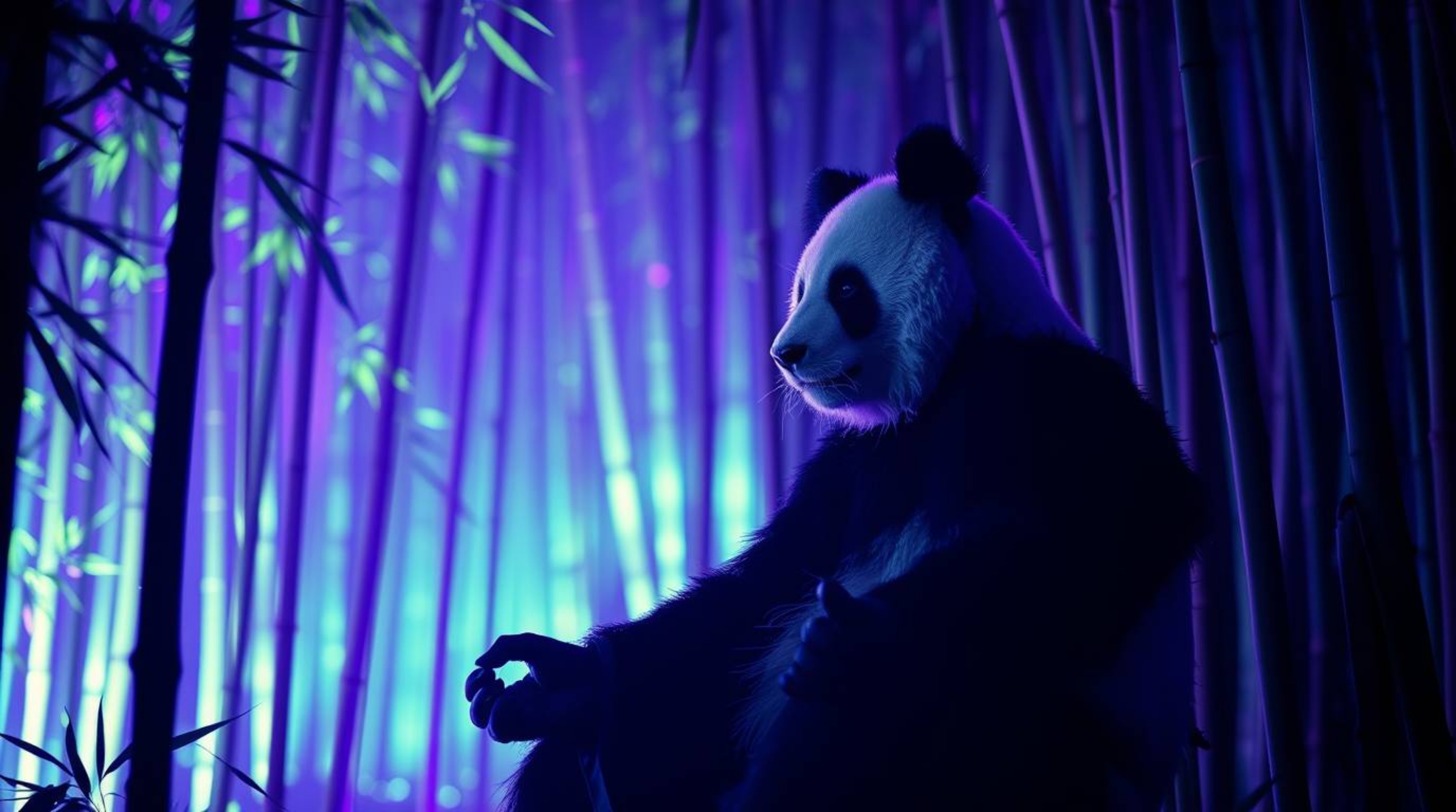 Immerse yourself in a dreamlike world where a martial artist panda finds serenity amidst a bamboo forest, bathed in deep ultr