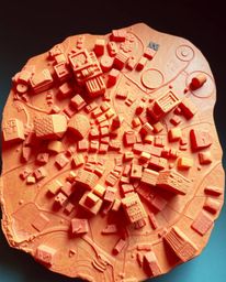 This unique sculptural piece is a warm-toned abstract representation of a city map. Crafted from clay, it features textured, 