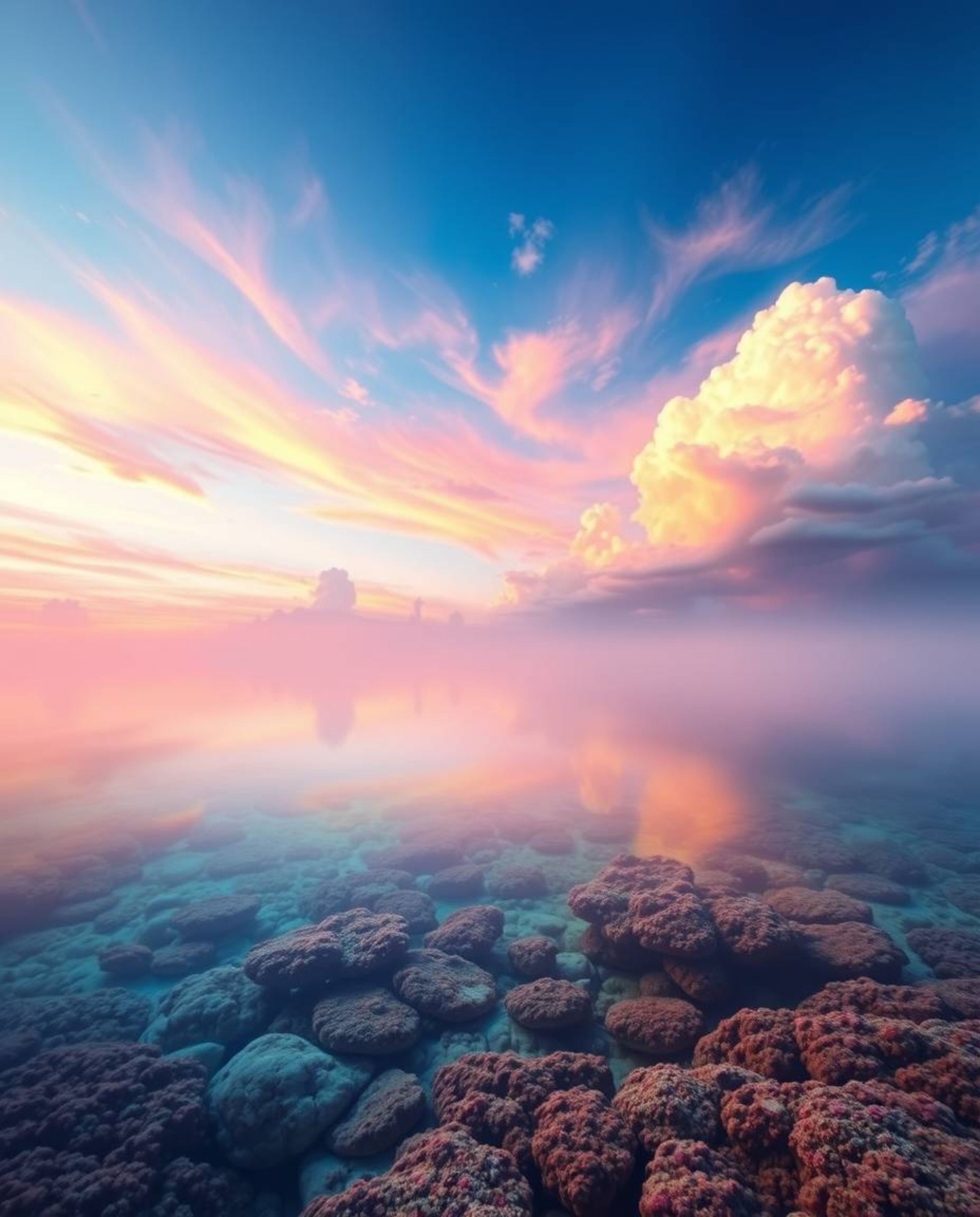 A digital painting captures a colorful sky over a coral reef at low tide, characterized by its smooth gradient transitions an