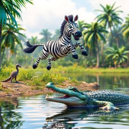 A stunning, high-resolution stock photo showcasing a whimsical scene.  A 3D cartoon zebra bursts from a jungle clearing, urge