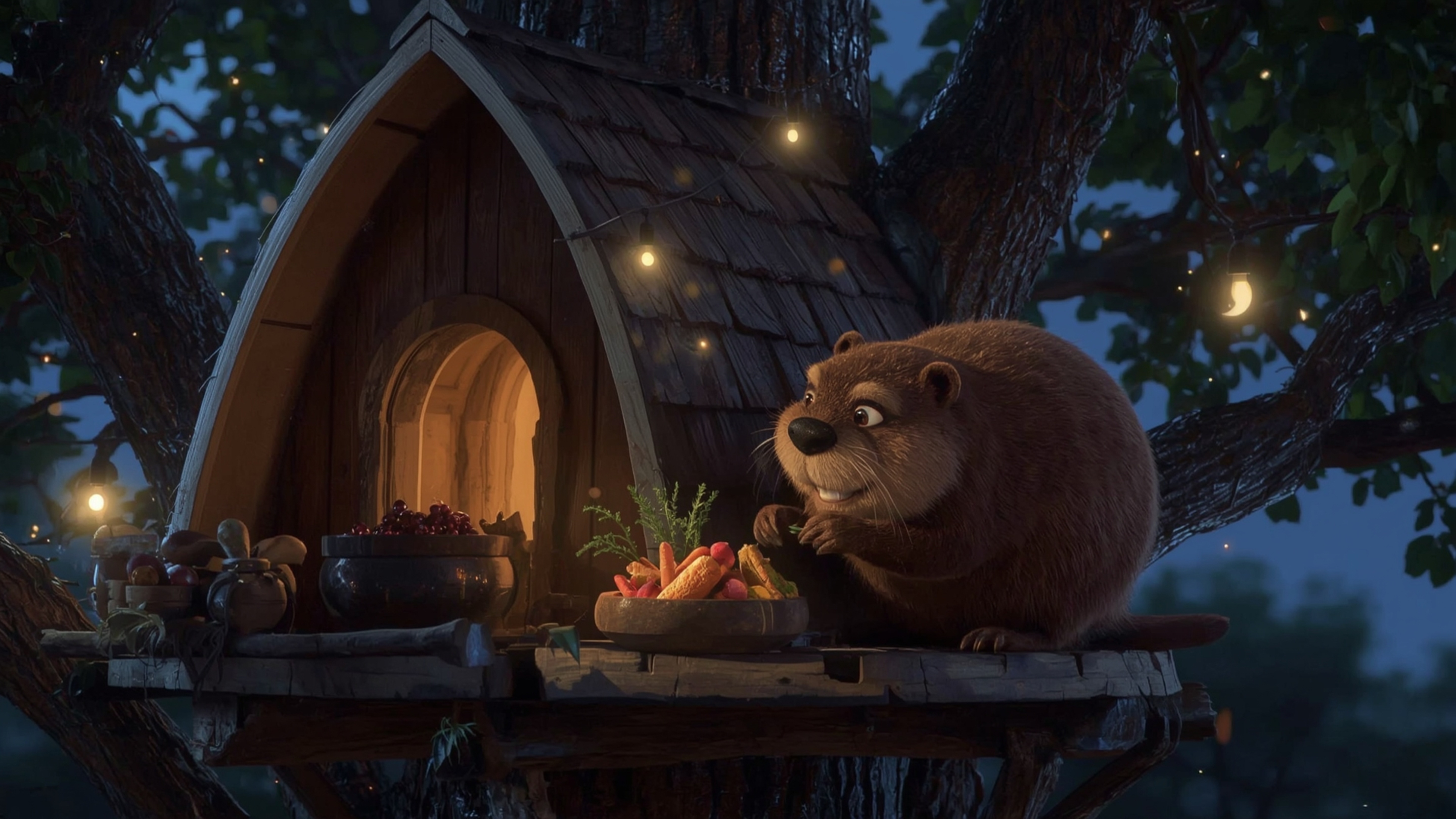 A high-resolution, commercially-ready stock photo captures a beaver in a whimsical, Pixar-like style, diligently building an 