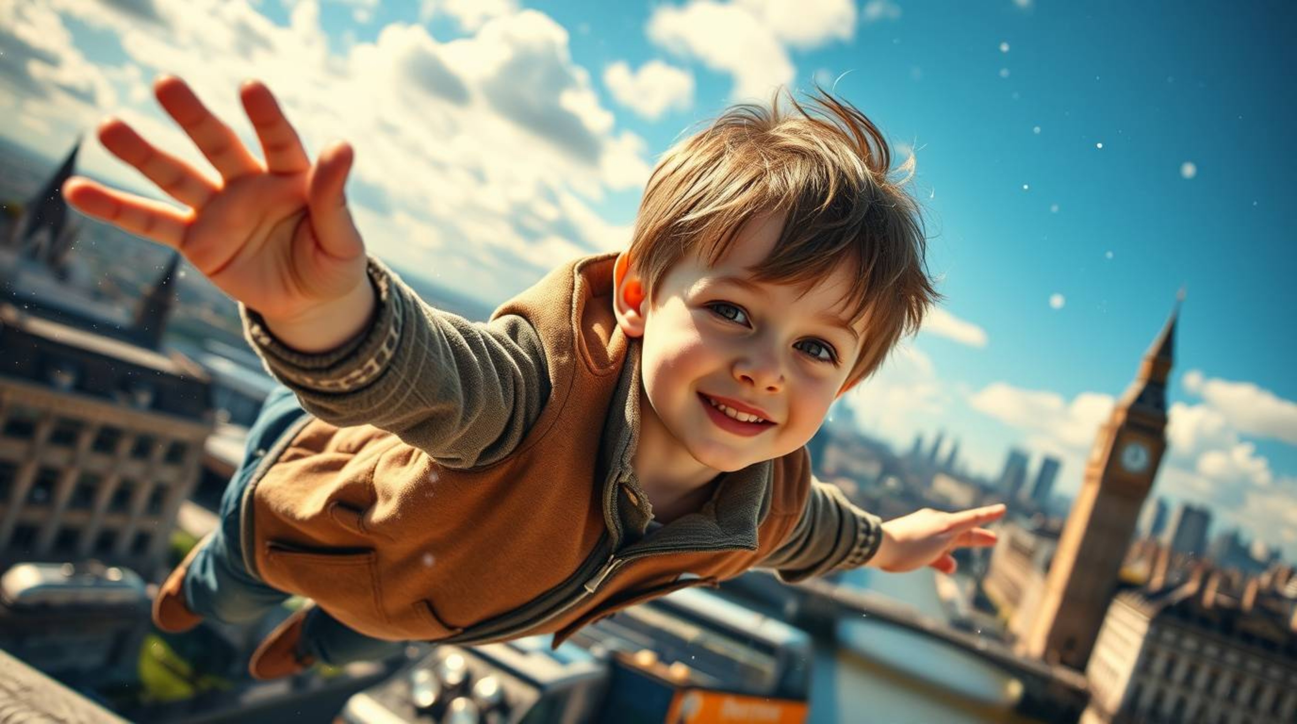 This high-resolution stock photo showcases a young boy with fair skin and light brown hair soaring above London, propelled by