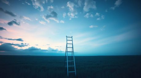A captivating minimalist scene depicts a silver ladder standing in an open field under a wide, cloudy sky.  The image, bathed