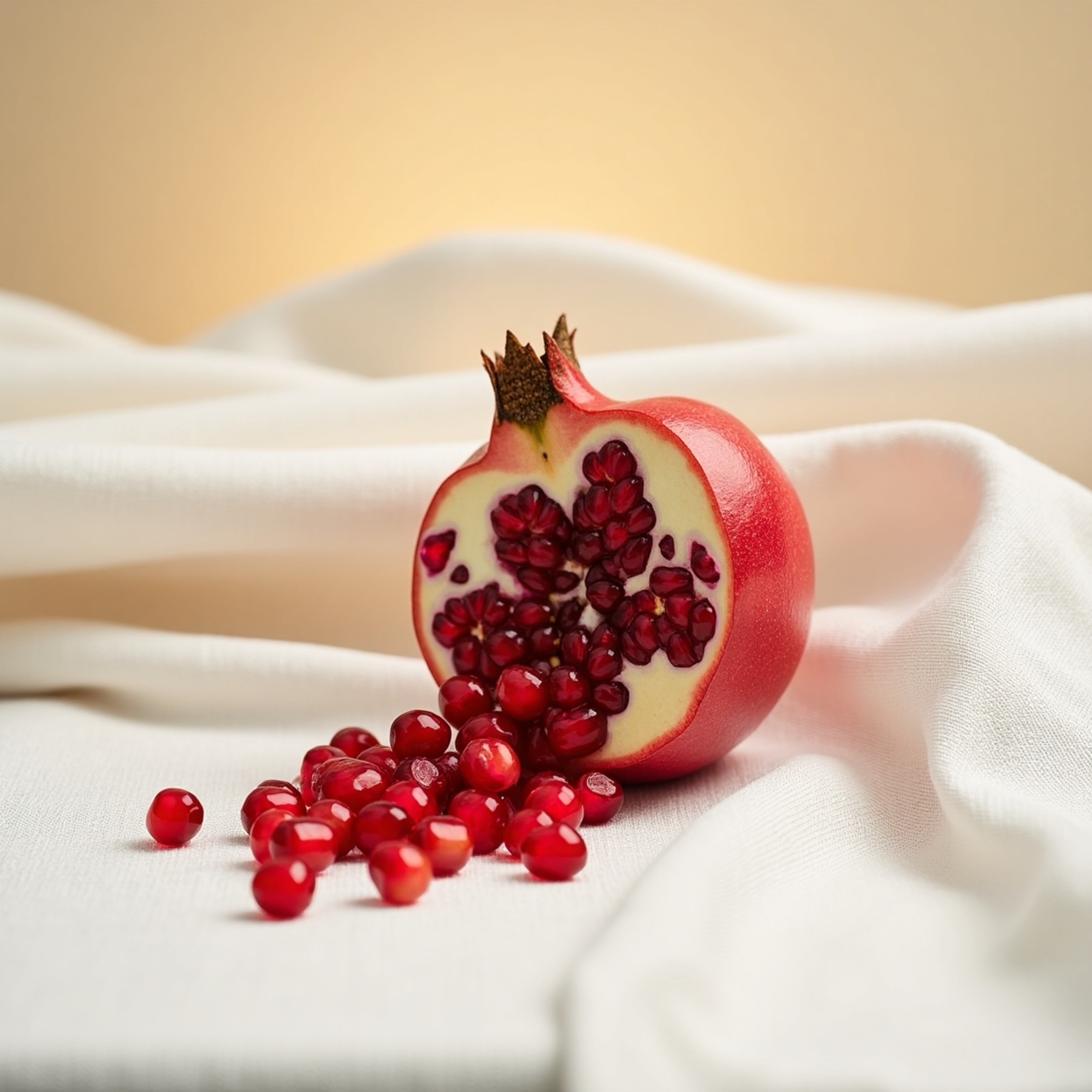A stunning still life capturing a halved pomegranate on crisp white linen. The vibrant red arils glisten with dew, contrastin