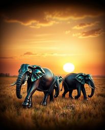 An antique-style image of elephants walking across a field at sunset. The elephants are cast in bronze, with an iridescent pa