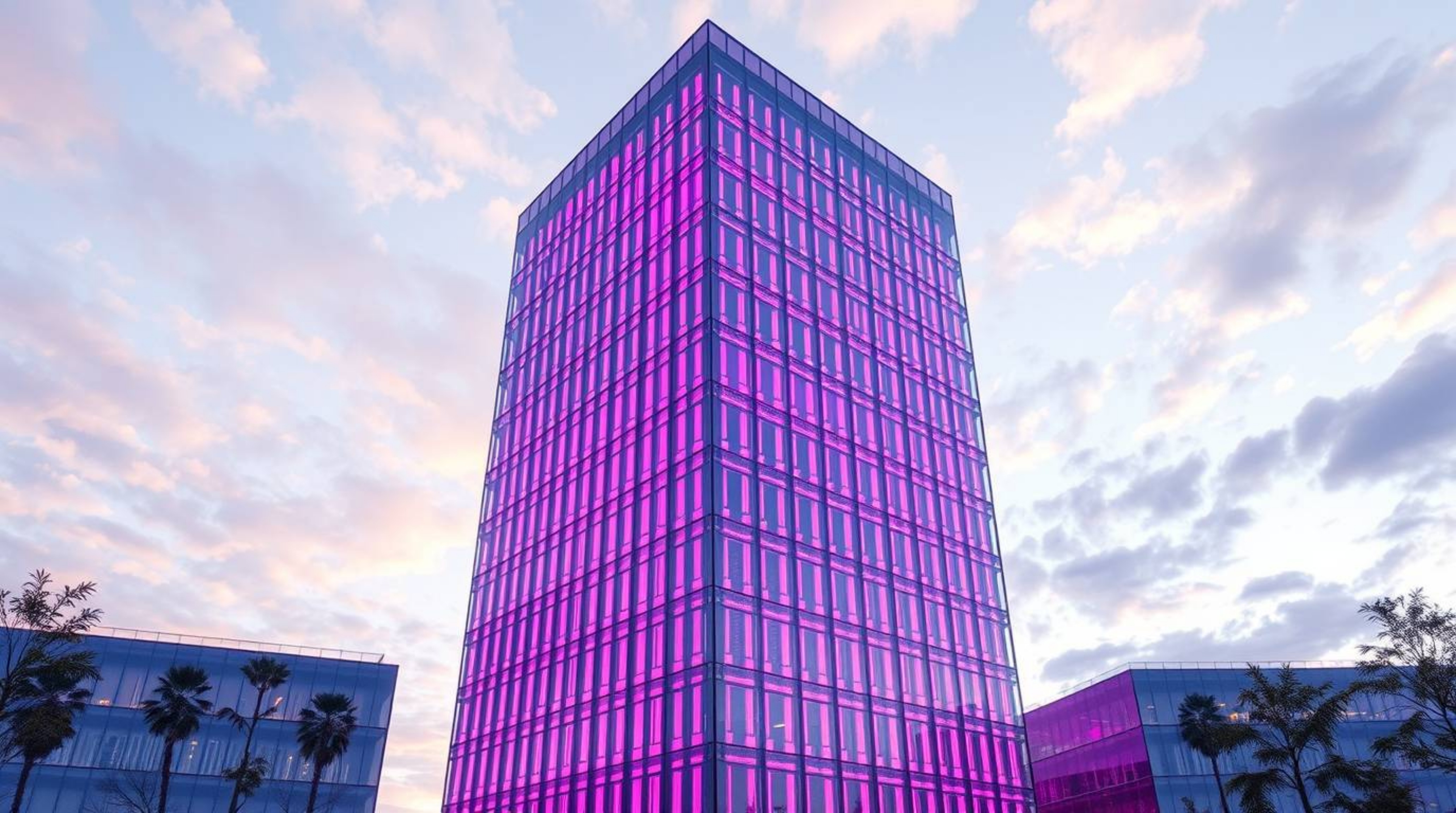This artwork captures a modern glass building seamlessly dissolving into a soft, cloud-filled sky, embodying the concepts of 