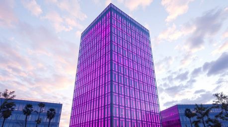 This artwork captures a modern glass building seamlessly dissolving into a soft, cloud-filled sky, embodying the concepts of 
