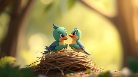 A delightful photograph showcasing two cartoon birds diligently constructing a nest in a classic animation style. The image f