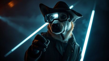 A captivating volumetric lighting photograph showcases a dog detective utilizing advanced gadgets in a chilling, eerie settin