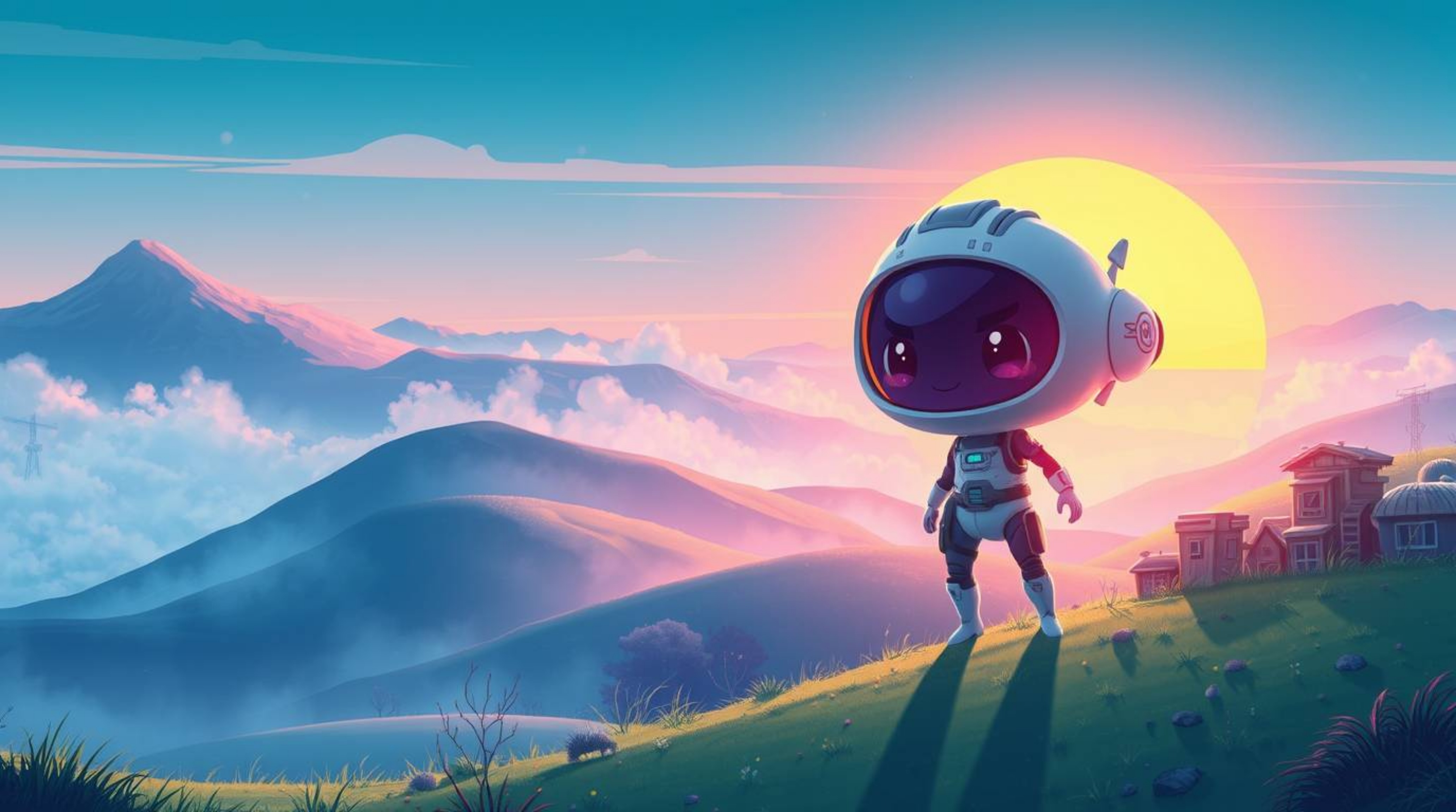 Explore a captivating futuristic sci-fi landscape featuring fog-covered hills bathed in the warm glow of a setting sun. This 