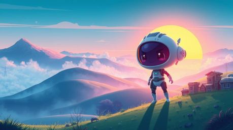 Explore a captivating futuristic sci-fi landscape featuring fog-covered hills bathed in the warm glow of a setting sun. This 