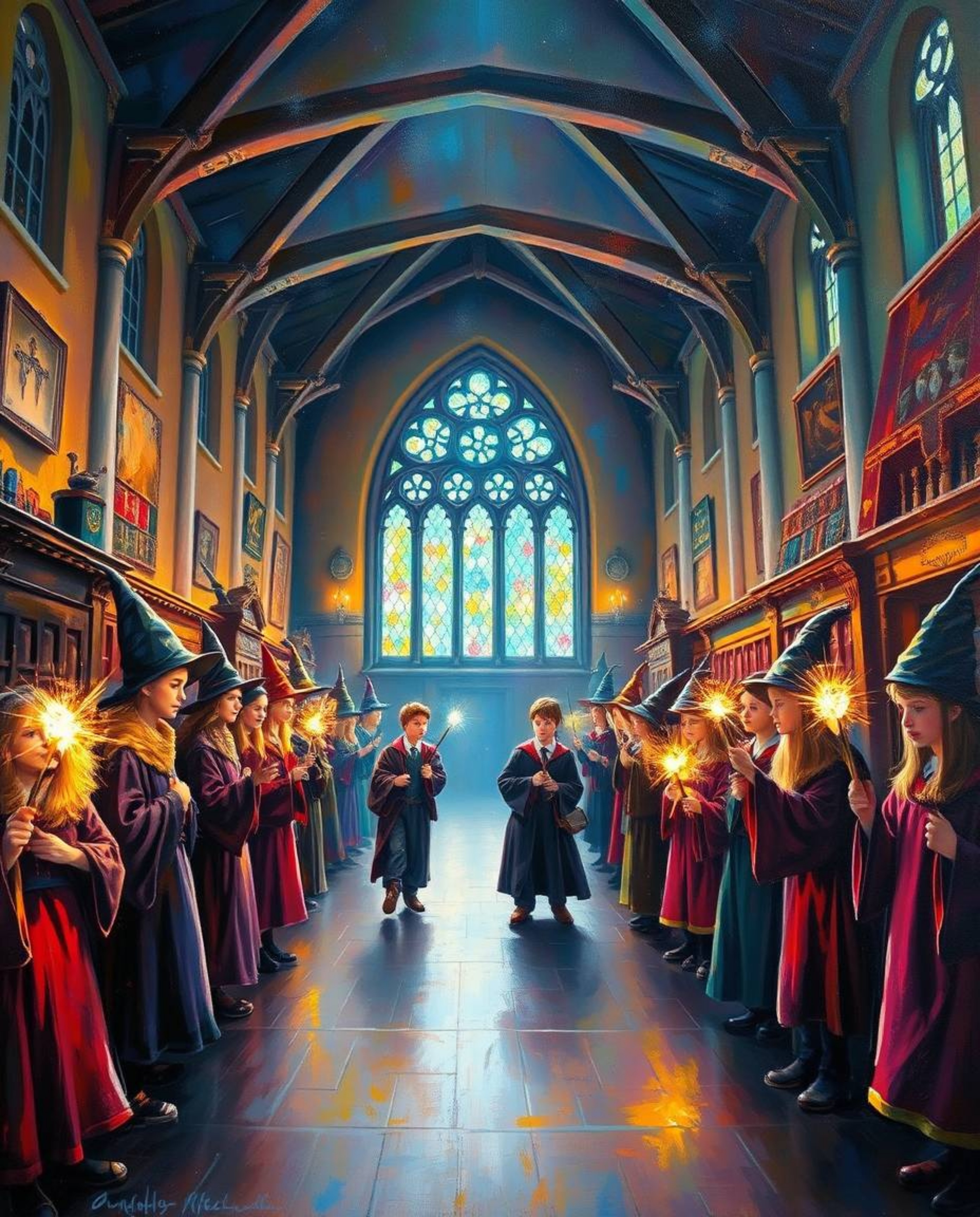 A captivating oil painting depicts a magical school brimming with young wizards.  The artwork showcases bright lens flares, r
