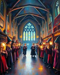 A captivating oil painting depicts a magical school brimming with young wizards.  The artwork showcases bright lens flares, r