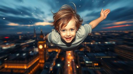 A captivating long exposure photograph depicts a young boy with fair skin and tousled brown hair soaring through the night sk