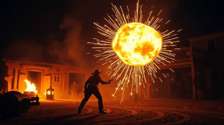 A captivating digital light art piece reimagines the classic exploding TNT gag within a Wild West setting.  This artwork mast