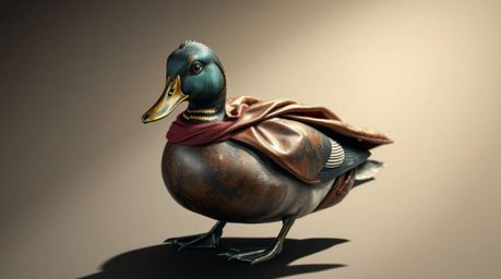 A bronze sculpture depicts a duck in a zany superhero costume with an antique patina, rendered with strong, hard light castin