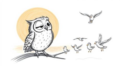 A heartwarming hand-drawn sketch in the style of Pixar depicts a blind owl with gentle, expressive features teaching a class 