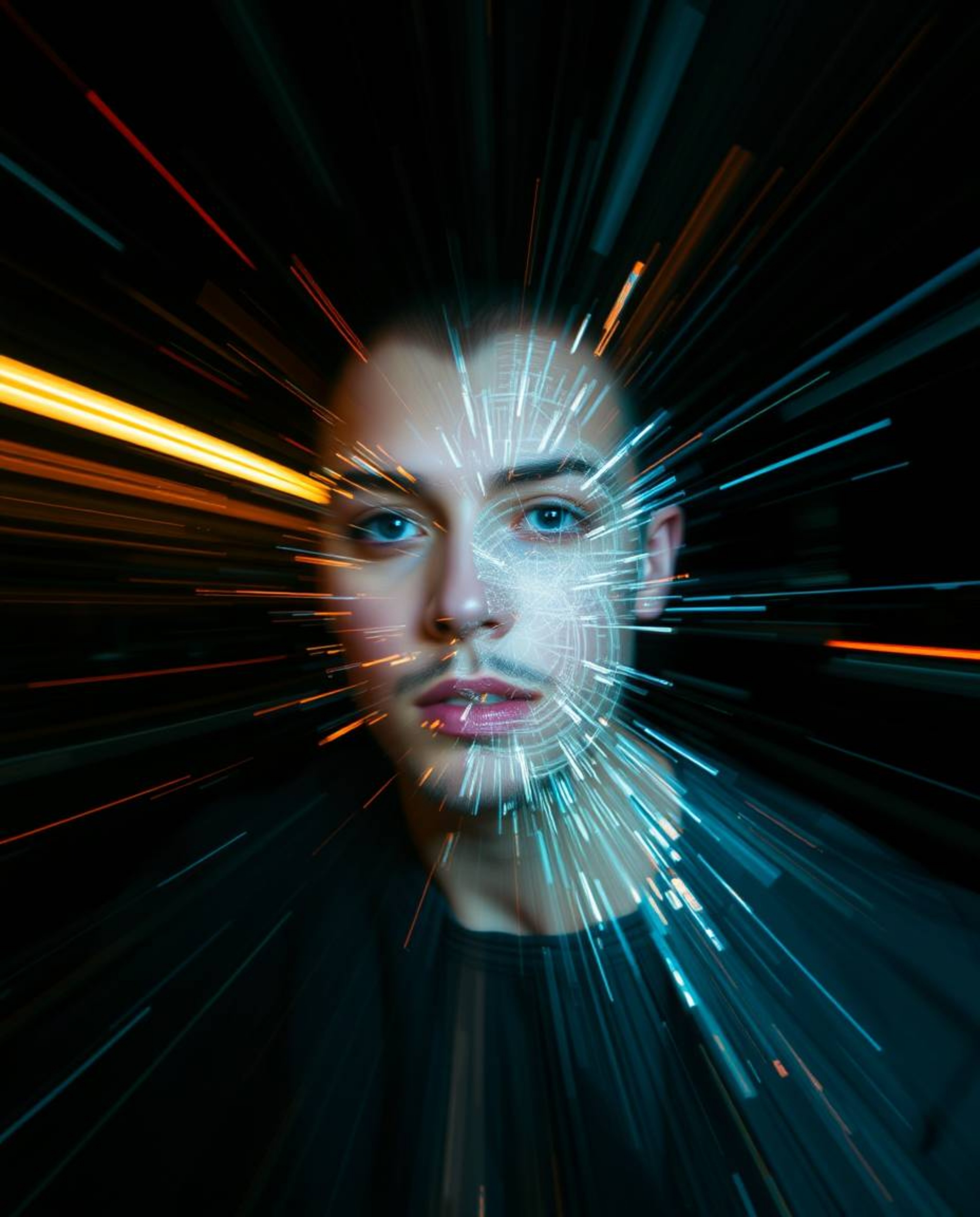 A captivating long-exposure photograph showcases a dynamic digital glitch transforming a human face into a mesmerizing data s