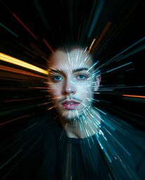 A captivating long-exposure photograph showcases a dynamic digital glitch transforming a human face into a mesmerizing data s