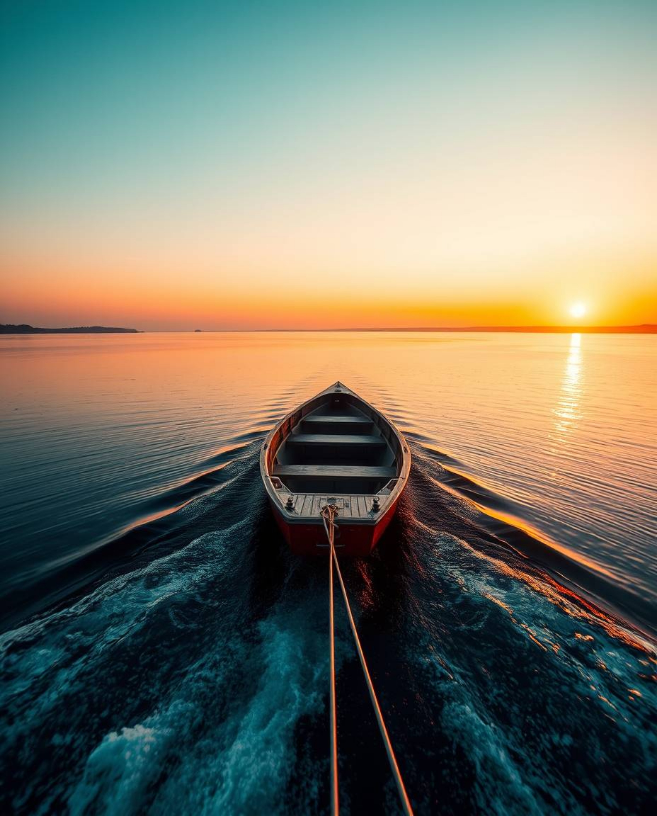 From a high-angle perspective, a boat is seen gently drifting on a sunset lake. The scene is bathed in a beautiful palette of