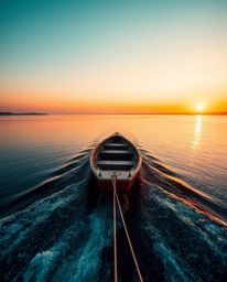 From a high-angle perspective, a boat is seen gently drifting on a sunset lake. The scene is bathed in a beautiful palette of