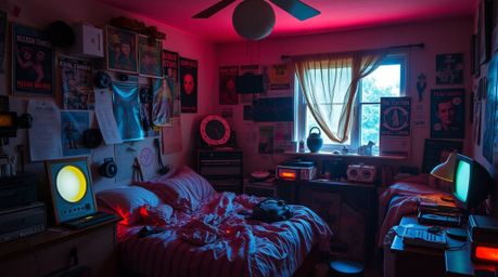 A messy yet captivating bedroom scene bathed in bioluminescent reds, oranges, and yellows.  Strange gadgets and posters adorn