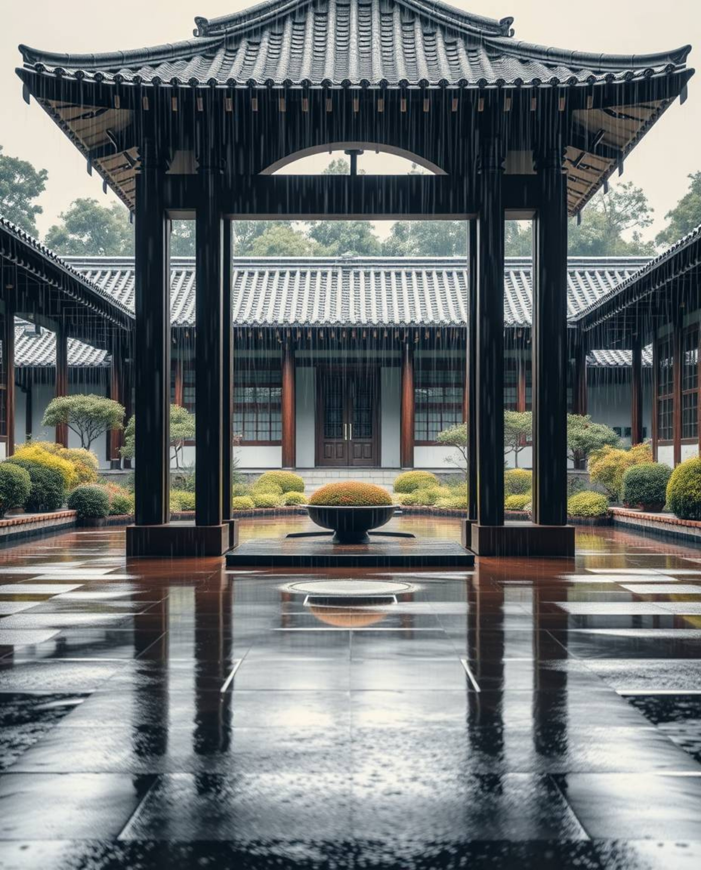 Experience a serene Zen garden during a wet, rainy scene, captured through the lens of precise architectural color photograph