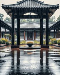 Experience a serene Zen garden during a wet, rainy scene, captured through the lens of precise architectural color photograph