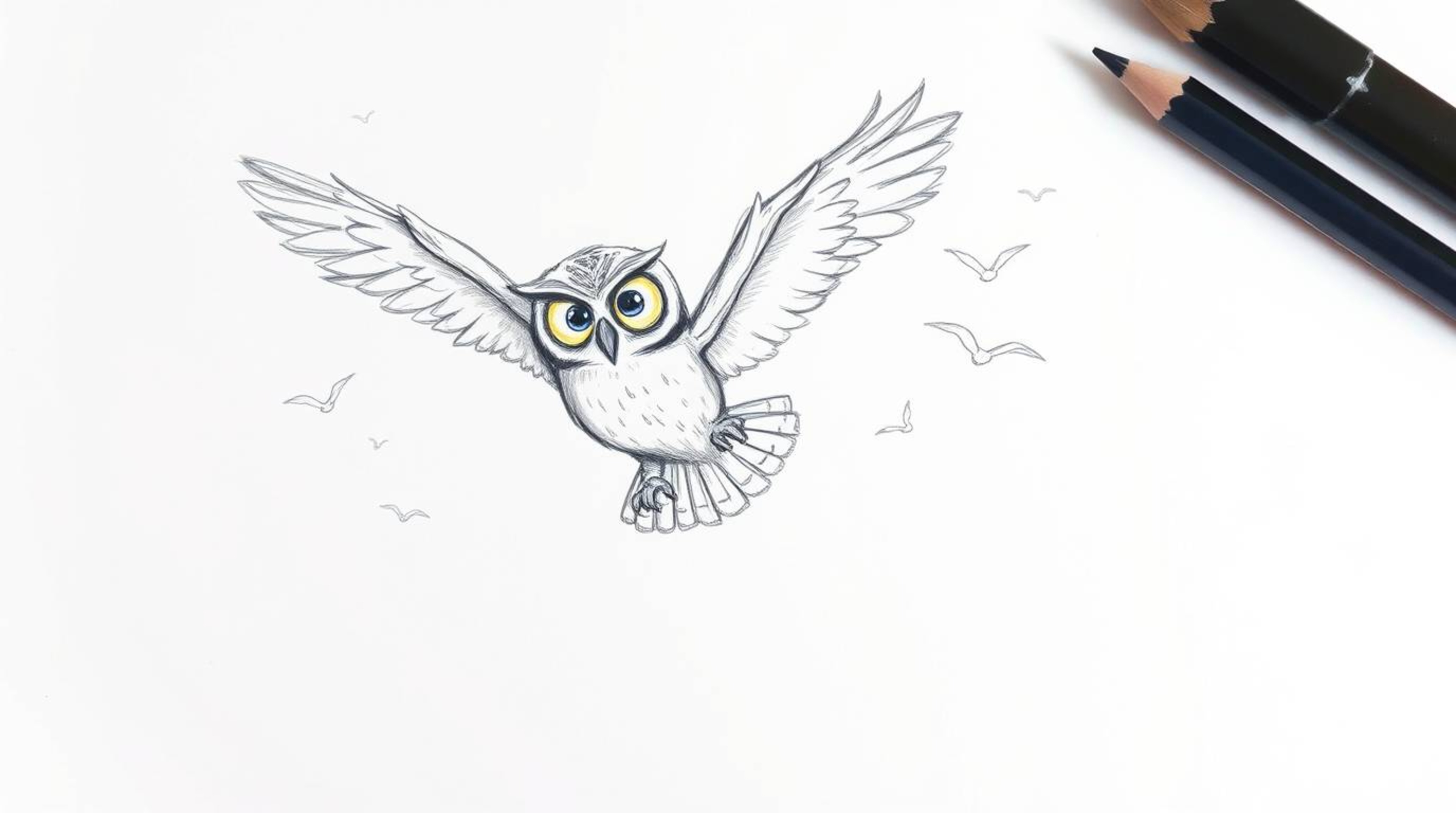 A hand-drawn sketch in the style of Pixar shows a blind owl in mid-flight, teaching birds how to fly. The owl is surrounded b