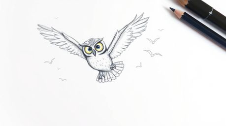 A hand-drawn sketch in the style of Pixar shows a blind owl in mid-flight, teaching birds how to fly. The owl is surrounded b