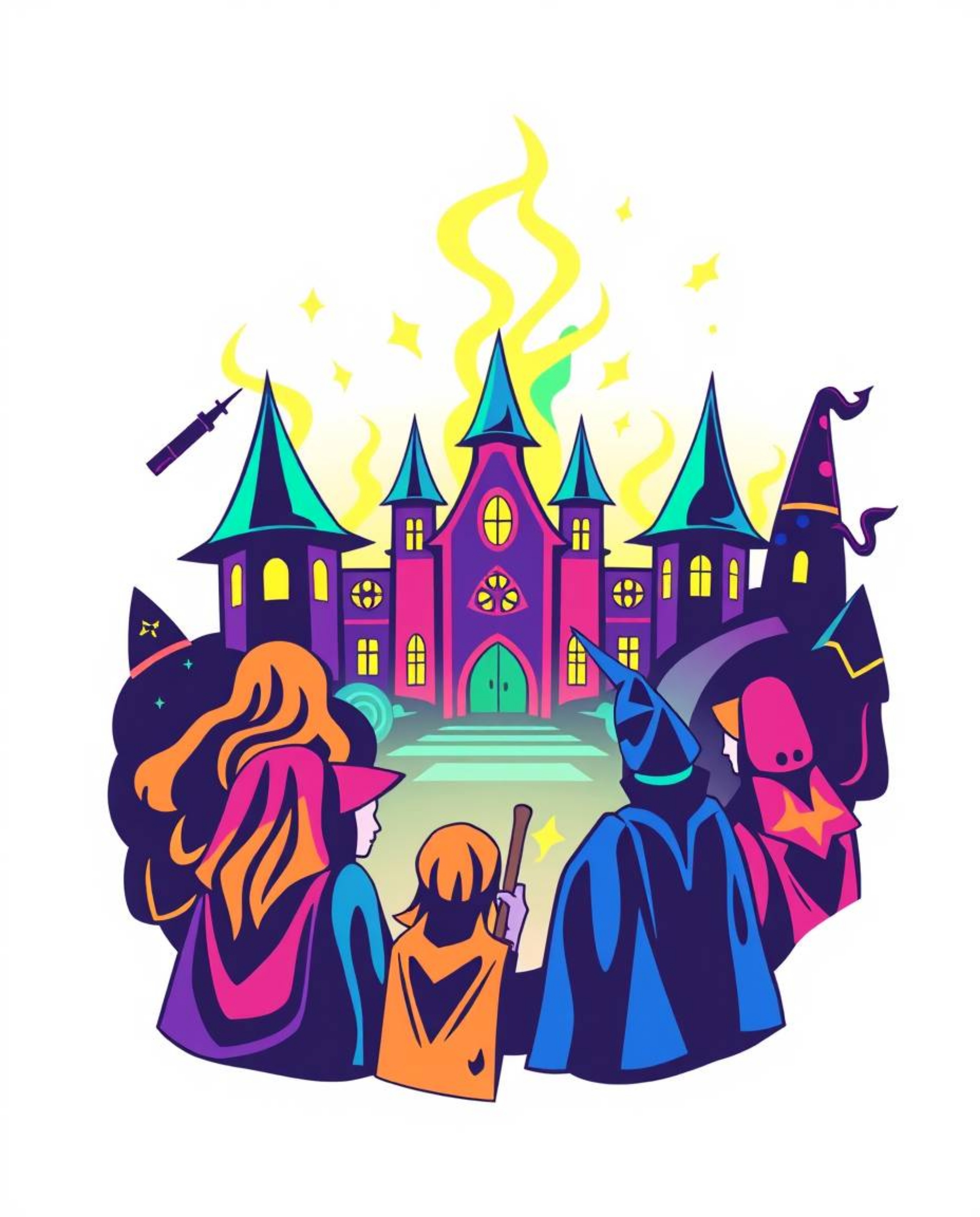 This logo design represents a magical school filled with young wizards, utilizing electric vivid colors and a geometric aesth