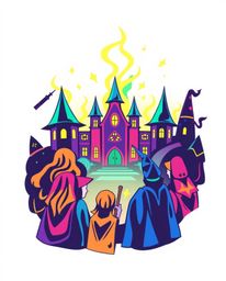 This logo design represents a magical school filled with young wizards, utilizing electric vivid colors and a geometric aesth