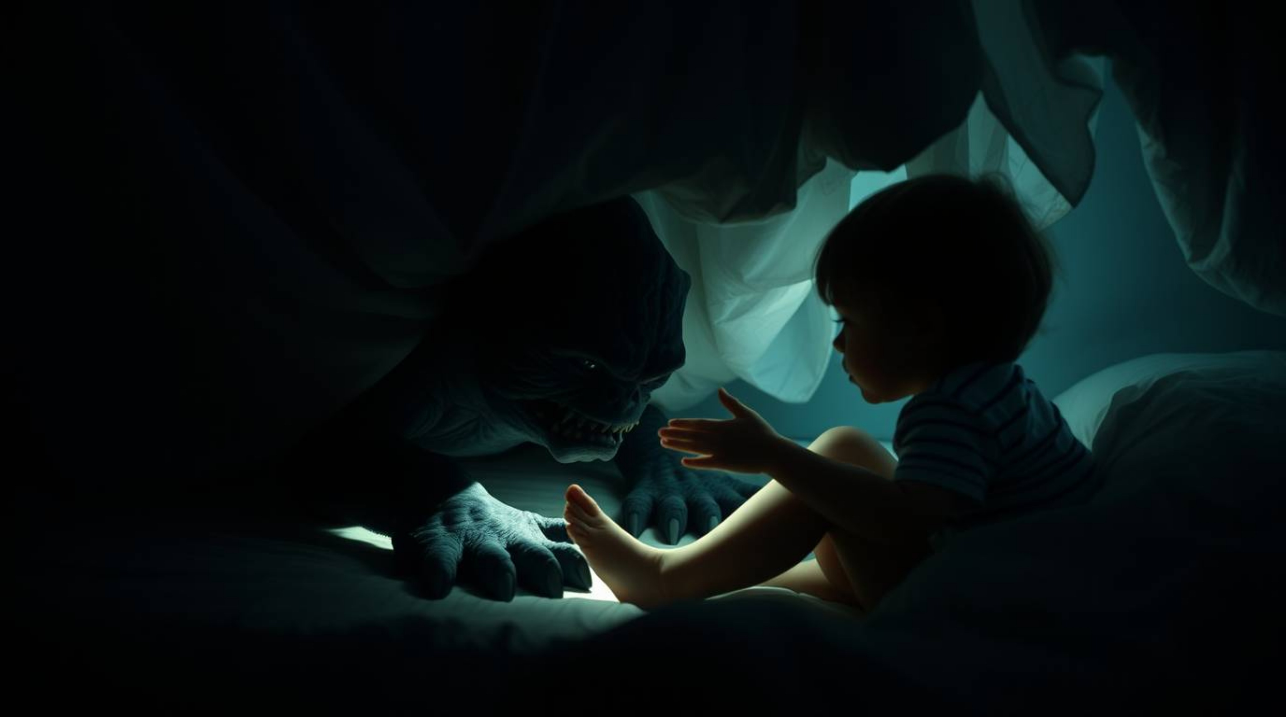 A heartwarming scene unfolds as a gentle, soft light illuminates a monster lurking under the bed, who unexpectedly becomes be