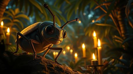 Experience a captivating journey with a bug-sized hero as they navigate a lush backyard jungle at night. The scene is bathed 