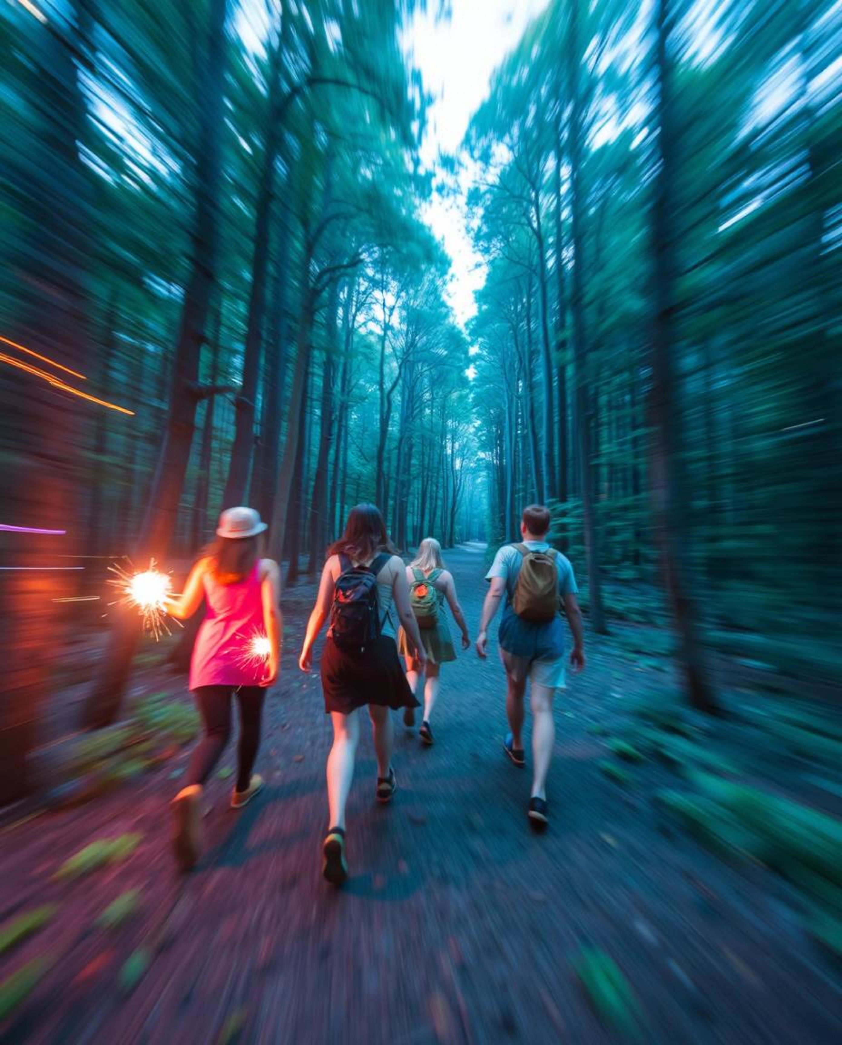 A captivating long exposure photograph showcases a group of friends with unique powers exploring a mystical forest bathed in 