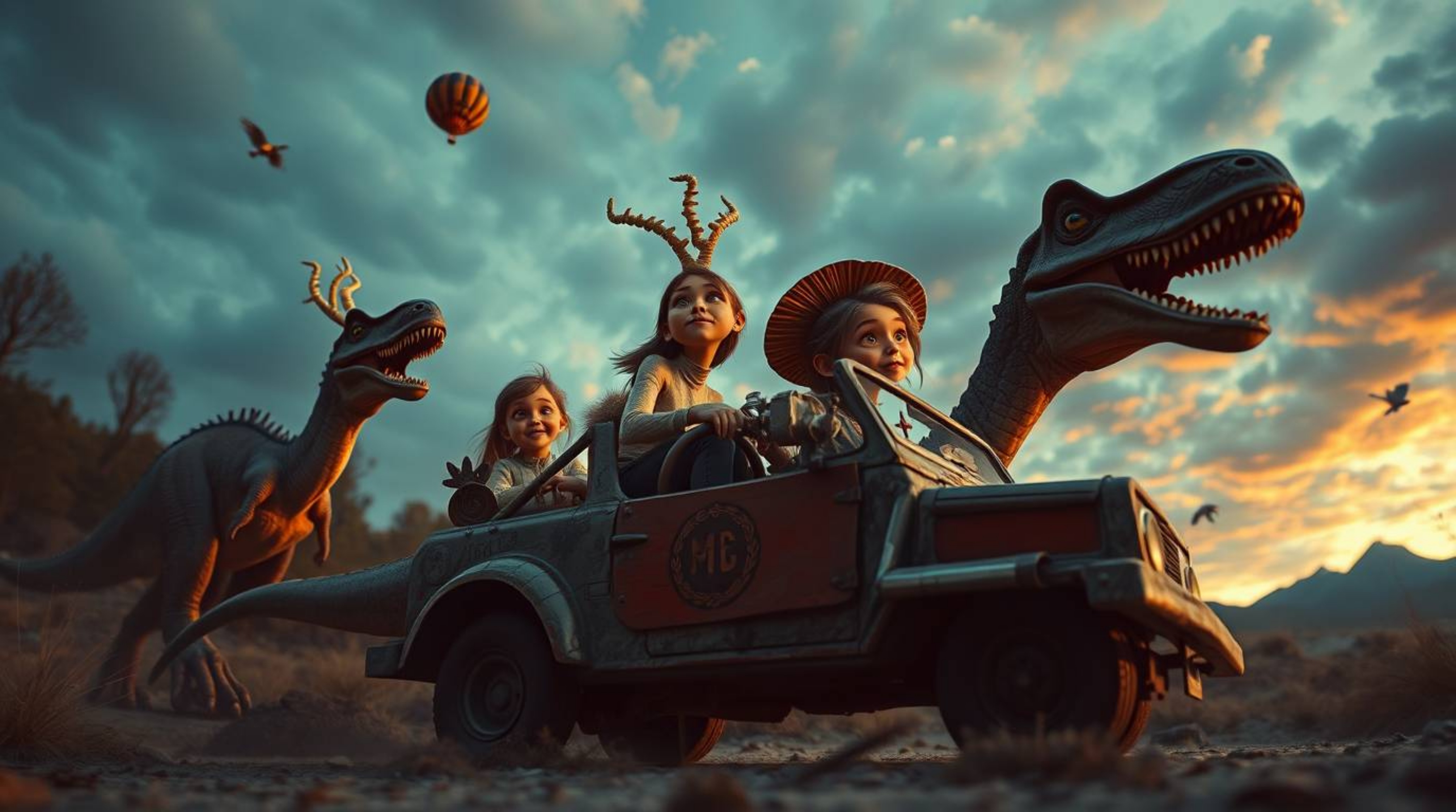 Experience a whimsical journey through time with a prehistoric family riding a dinosaur car in a surreal and dreamlike scene.