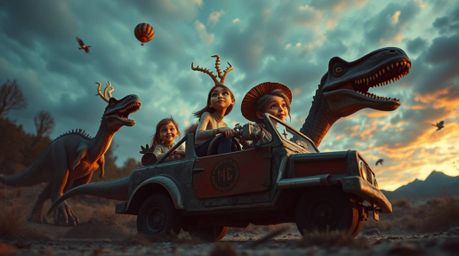 Experience a whimsical journey through time with a prehistoric family riding a dinosaur car in a surreal and dreamlike scene.