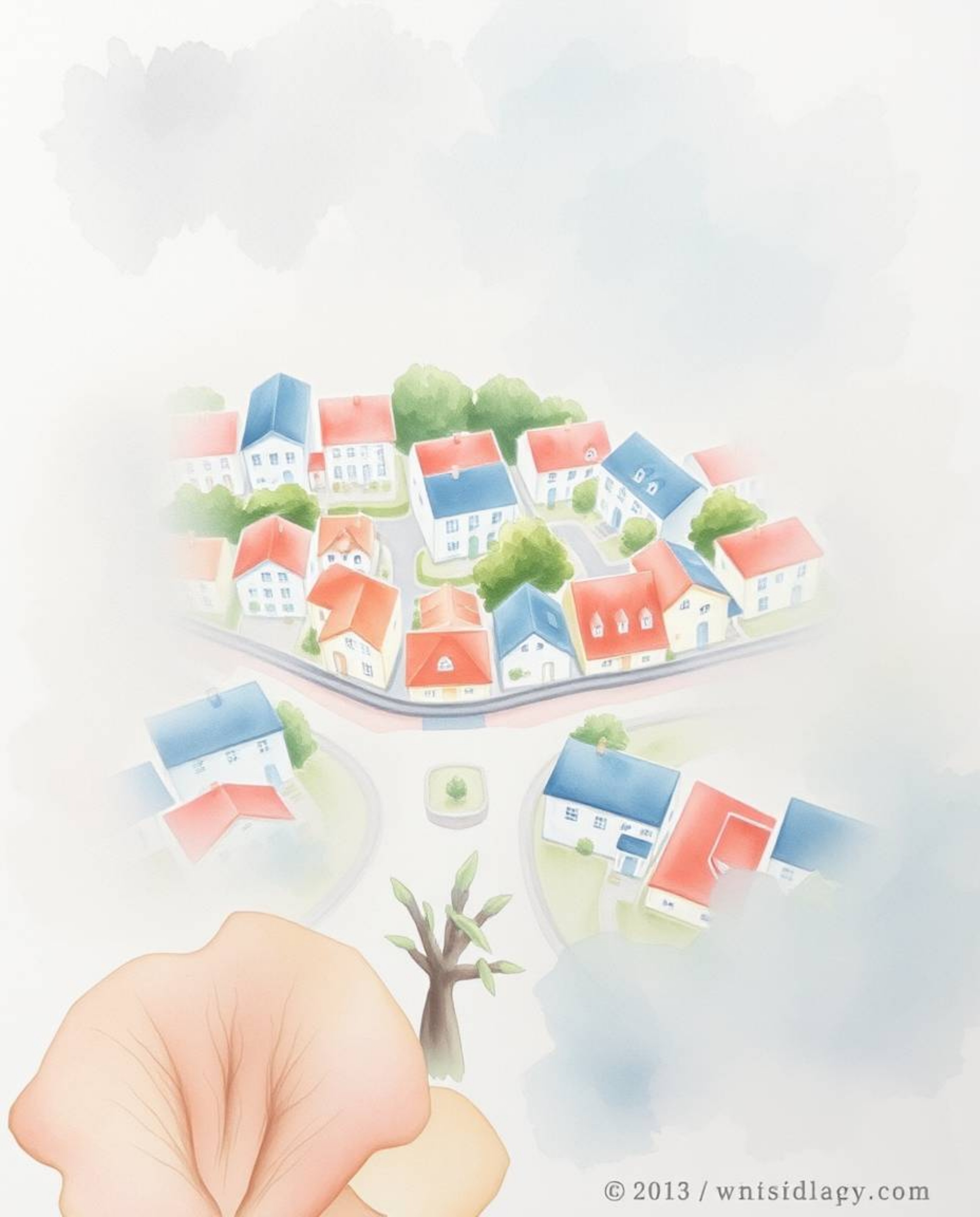 A captivating overhead view of a sleepy town, delicately rendered in watercolor.  Pastel-colored houses nestled together crea