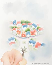 A captivating overhead view of a sleepy town, delicately rendered in watercolor.  Pastel-colored houses nestled together crea