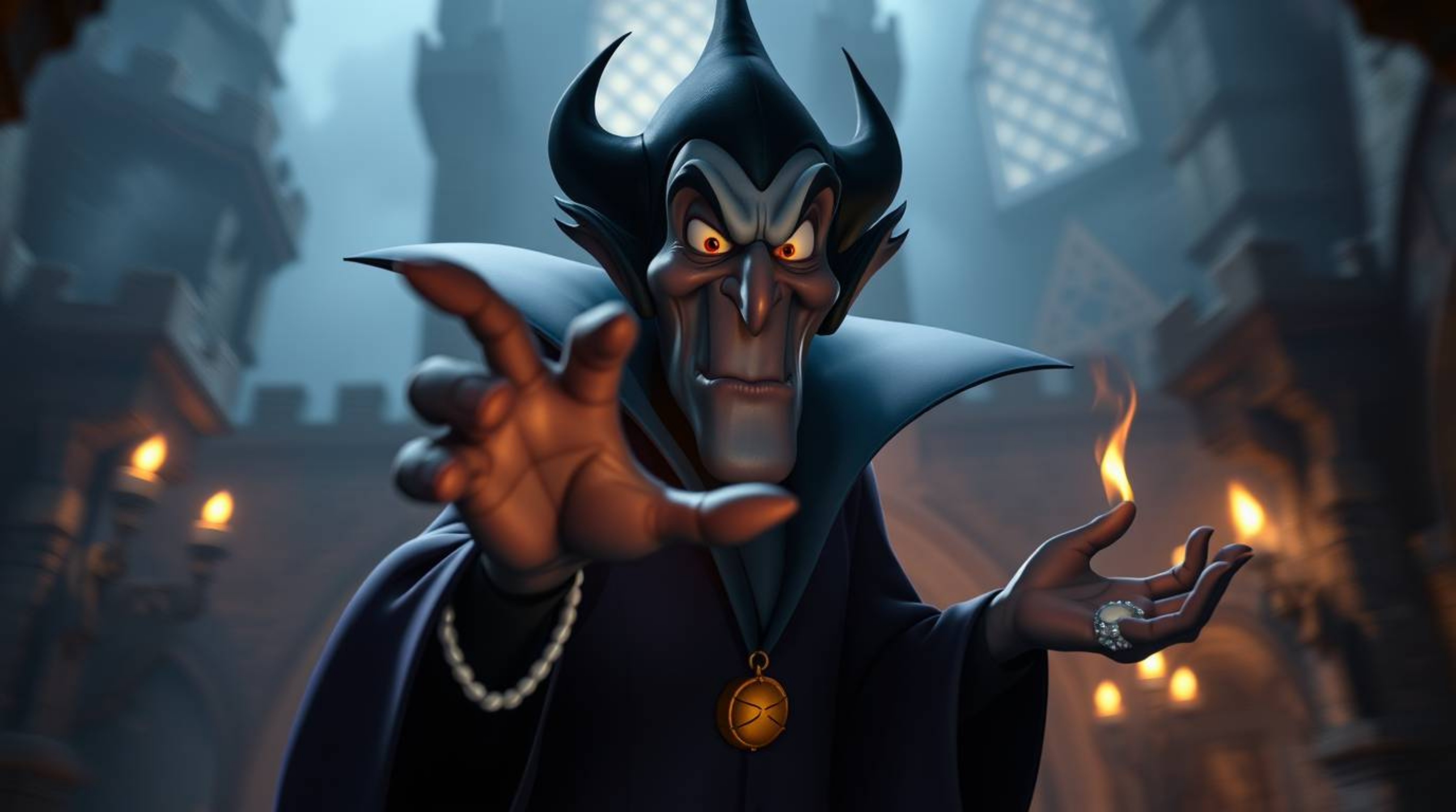 A classic Disney villain, with exaggerated features and dark skin, dynamically casts a spell within the walls of an ancient c