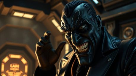 A darkly comedic scene unfolds within a high-tech lair.  A villain with striking facial features and dark skin experiences a 