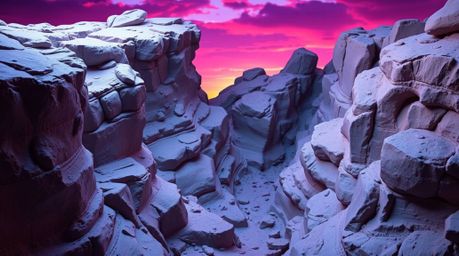 A captivating clay sculpture depicts a rocky canyon bathed in the deep, dramatic hues of a sunset.  Soft, diffused light crea
