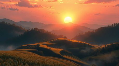 A captivating isekai-style anime depiction of a breathtaking sunset over picturesque rice terraces nestled in the mountains. 