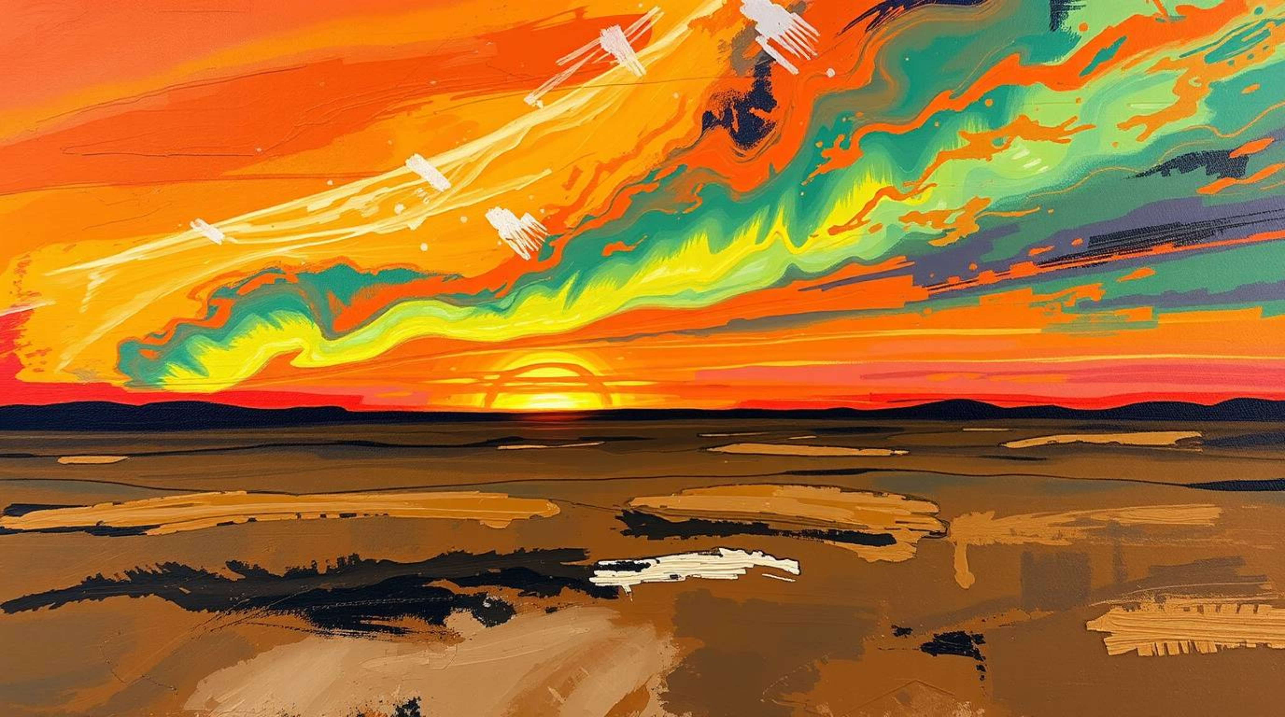 A captivating bold acrylic painting depicts the Northern Lights emerging over a breathtaking sunset.  Vibrant natural earth t