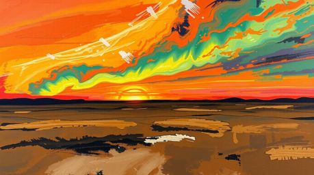 A captivating bold acrylic painting depicts the Northern Lights emerging over a breathtaking sunset.  Vibrant natural earth t