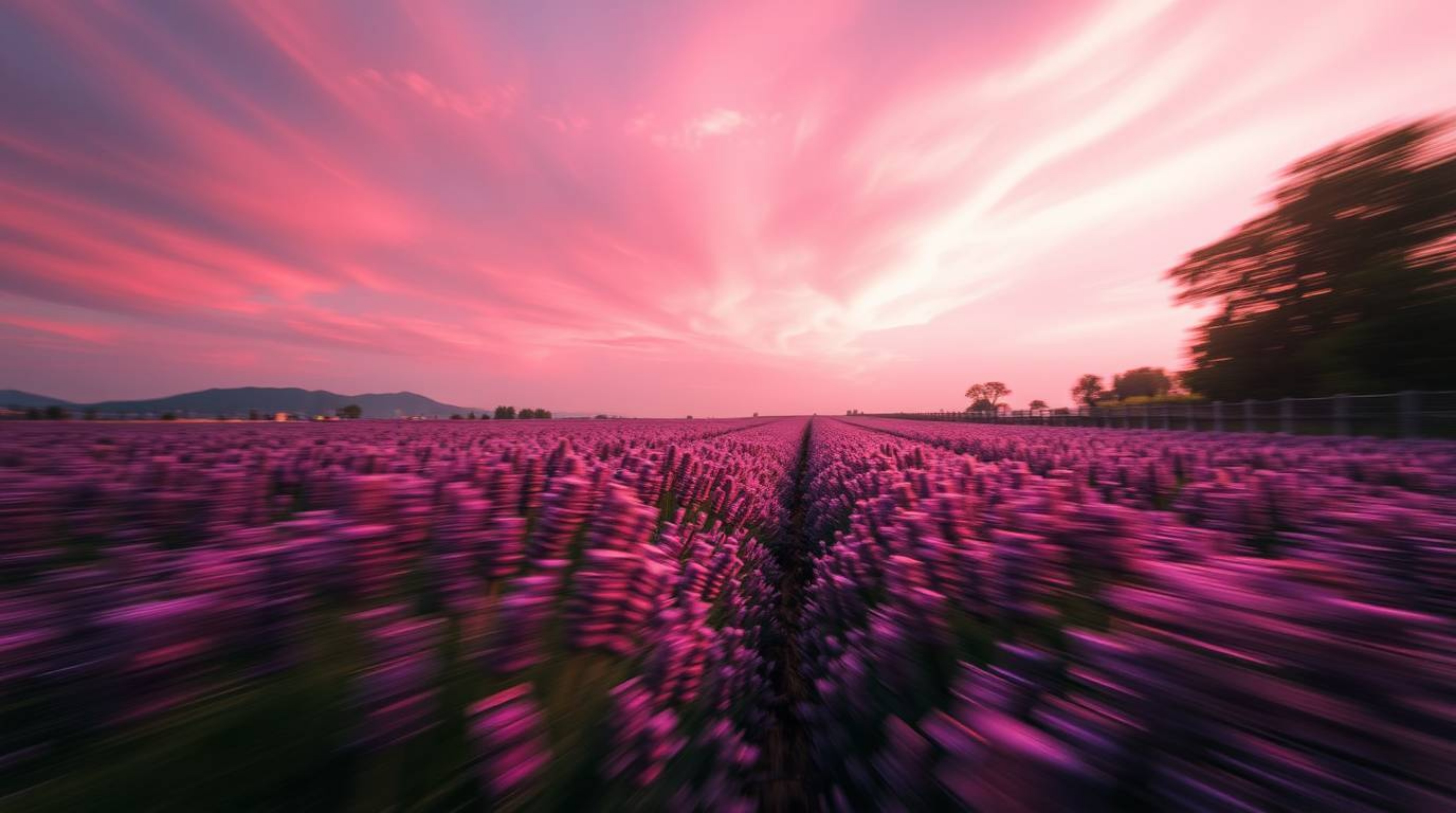 Experience the breathtaking beauty of lavender fields under a dreamy pink sky, rendered with contrasting chiaroscuro lighting