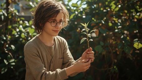 In a warmly lit, cinematic photograph, a tousled-haired, bespectacled homeschooled genius tenderly cradles a lonely sapling w