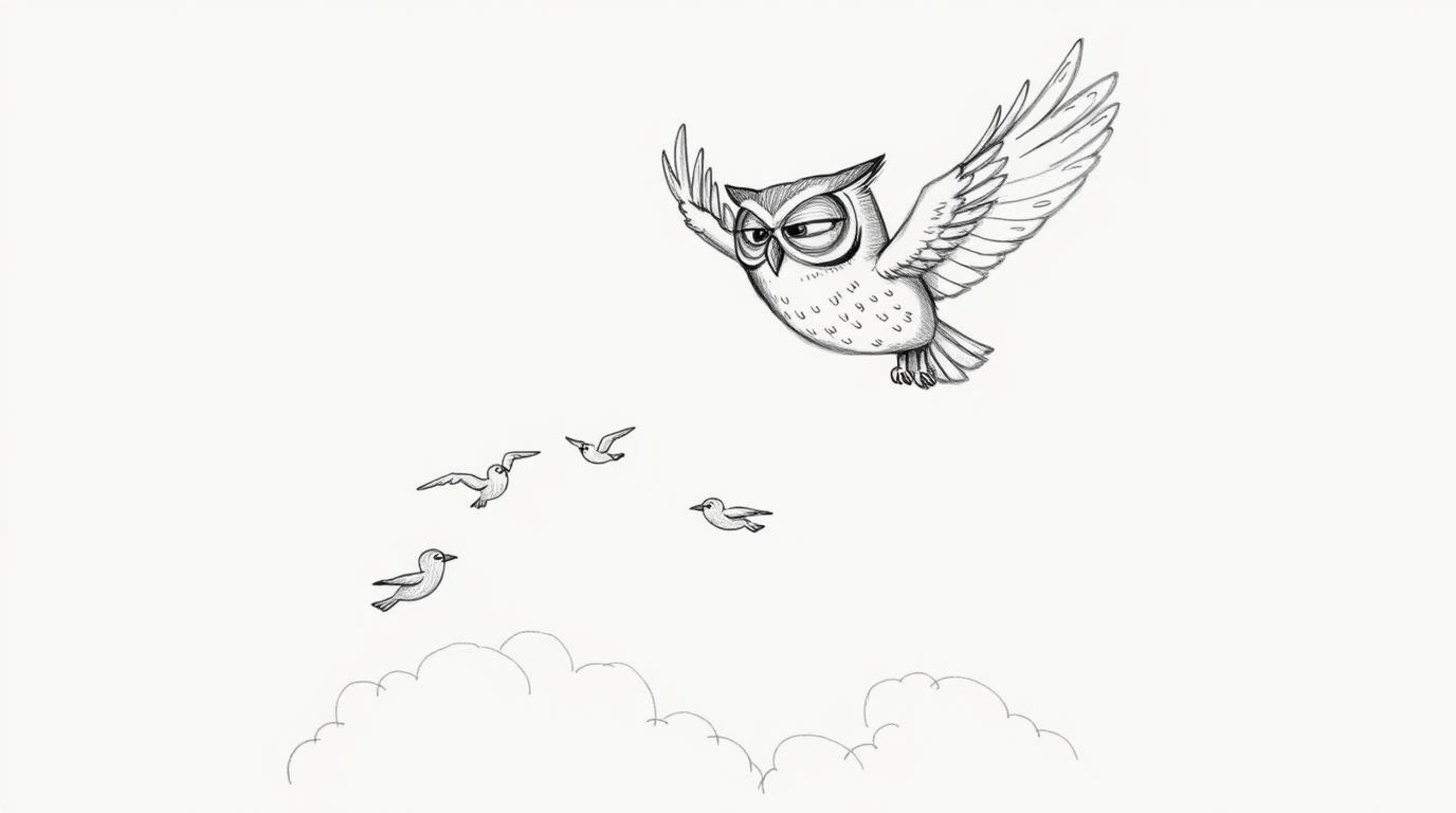 A hand-drawn sketch in Pixar style depicts a blind owl with textured pencil strokes, teaching small birds how to fly against 